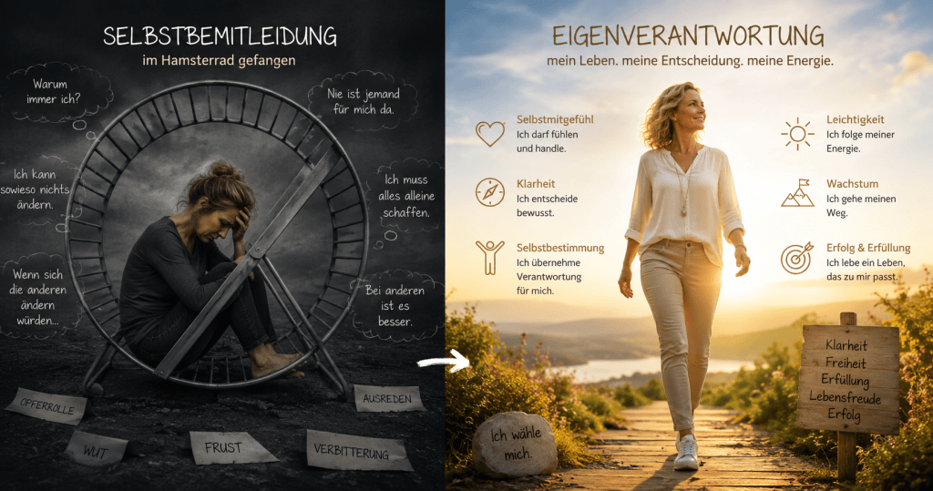 Selbstbemitleidung vs. Eigenverantwortung. Eine Frau die aus dem Hamsterrad entkommt und ein erfolgreiches, glückliches Leben lebt.