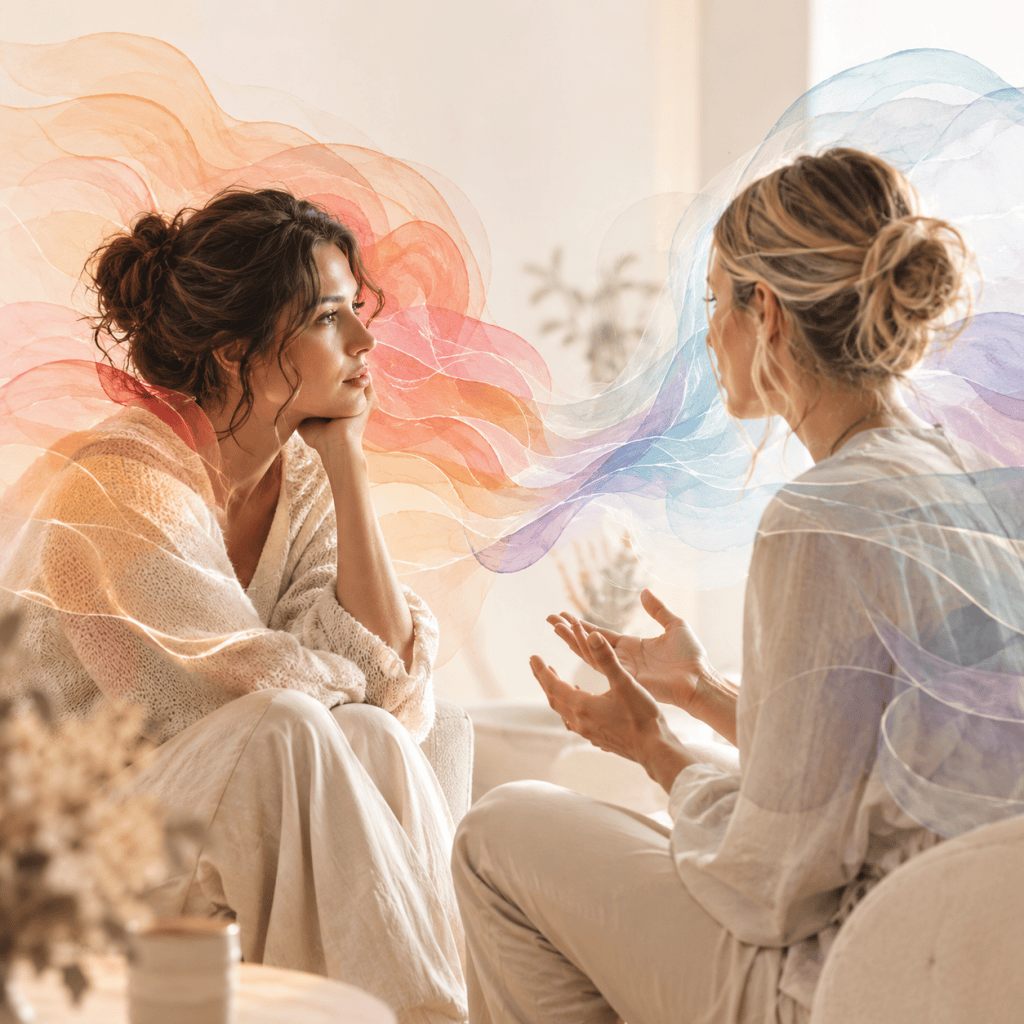 KI generiertes Bild mit zwei Frauen und einer wellenartigen Schwingung zur Darstellung der Emotionen.